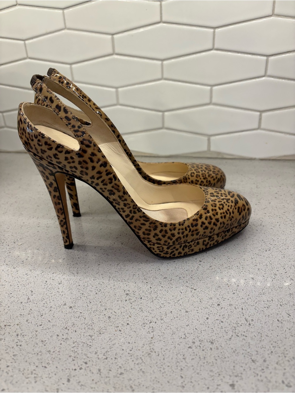 Brian Atwood Leopard Print Slingback Stiletto Pumps - Tan Brown